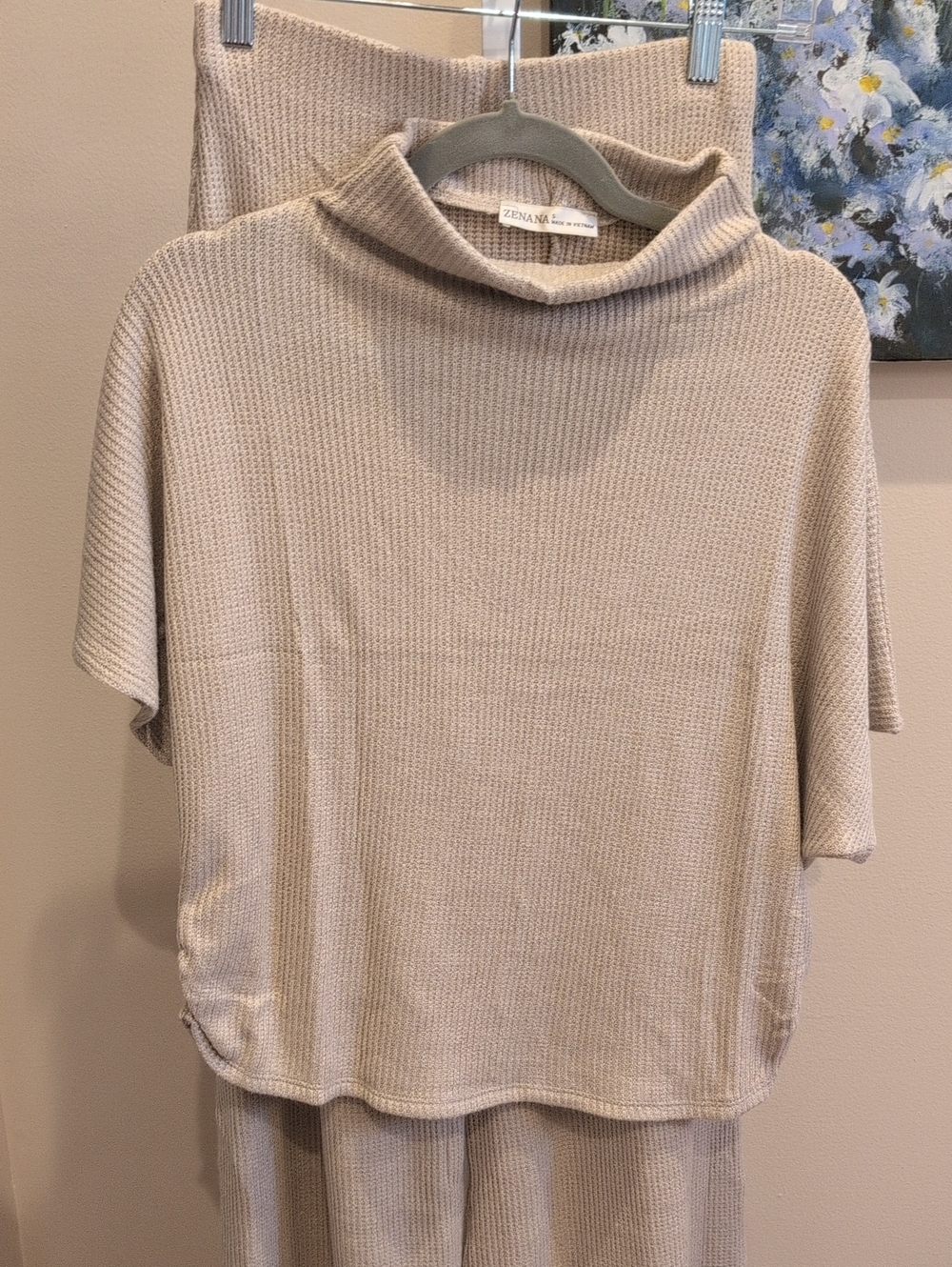Zenana Outfitters Beige Short Sleeve Knit Top And Wide Leg Pants